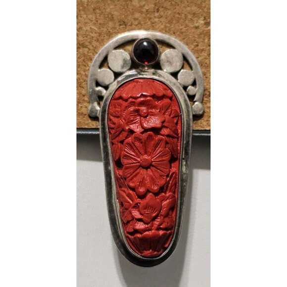 Vintage Sajen Designer Sterling Silver Carved Cinnabar Garnet Clip On Earrings - Picture 2 of 9